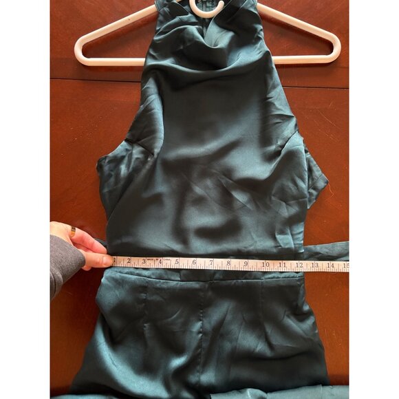 Lulus Luxe Vision Satin Halter Wide-Leg Jumpsuit Dark Teal Women’s Medium NWT - Picture 10 of 12